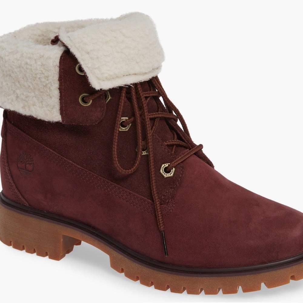 Timberland Women's Burgundy Suede Lace-Up Ankle Boots with Cream Faux Cuff